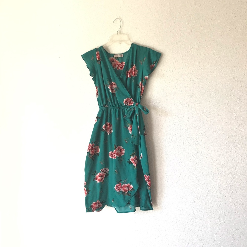 Aqua Floral Wrap Dress Size S